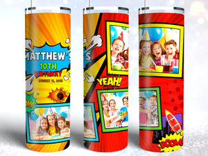 Tumbler Template Design - Superhero Kids Birthday Party Photo Collage PNG Sublimation 20 oz Skinny Tumbler High Resolution Instant Download Full Wrap Digital