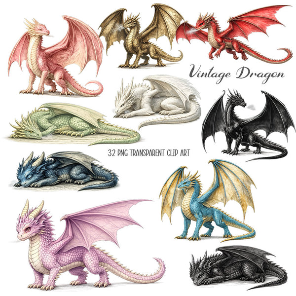 Vintage Dragon Clip Art - 32 PNG Transparent Images High Resolution - Instant Download Digital Clipart