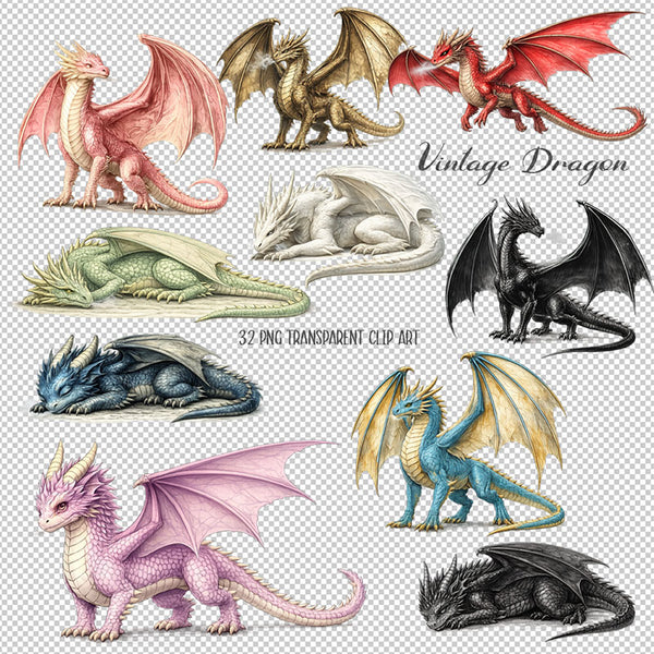 Vintage Dragon Clip Art - 32 PNG Transparent Images High Resolution - Instant Download Digital Clipart