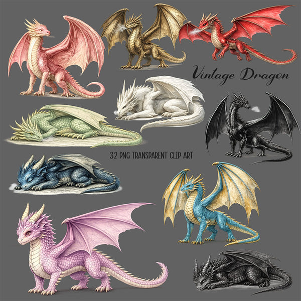 Vintage Dragon Clip Art - 32 PNG Transparent Images High Resolution - Instant Download Digital Clipart