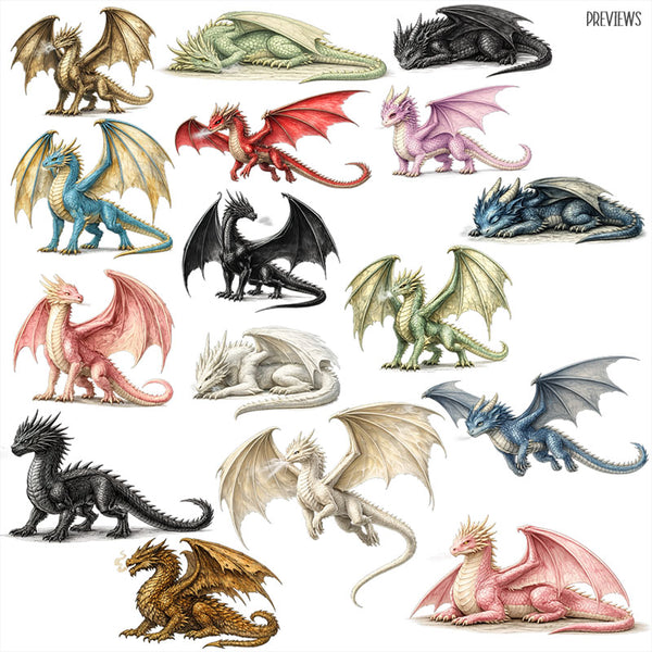 Vintage Dragon Clip Art - 32 PNG Transparent Images High Resolution - Instant Download Digital Clipart