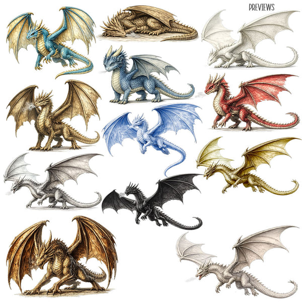 Vintage Dragon Clip Art - 32 PNG Transparent Images High Resolution - Instant Download Digital Clipart