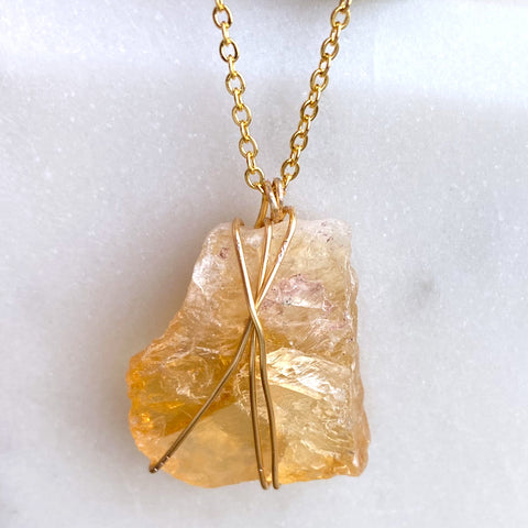 Citrine Raw Crystal Gemstone Wirewrapped 02 - 16 Kt Gold plated chain necklace Handmade Jewelry - Great gift