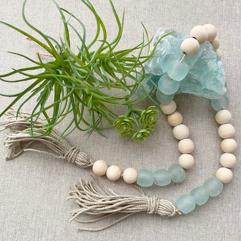 Coastal Home Decor with Wood & Glass Beads design 03 - Boho Bohemian Decor, Sea Glass Garland, Beaded Rope with wood glass Marine water ocean colors