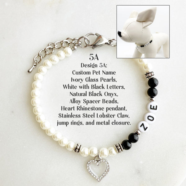 Custom Design 5A Pet Name Dog or Cat Necklace with Natural Gemstone, Glass Pearls, Personalized Collar Rhinestone and Gold Heart Charm Pendant Jewelry
