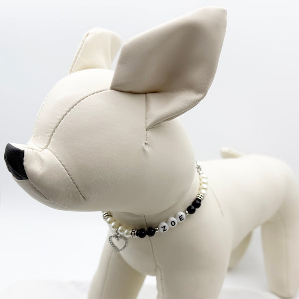 Custom Design 5A Pet Name Dog or Cat Necklace with Natural Gemstone, Glass Pearls, Personalized Collar Rhinestone and Gold Heart Charm Pendant Jewelry