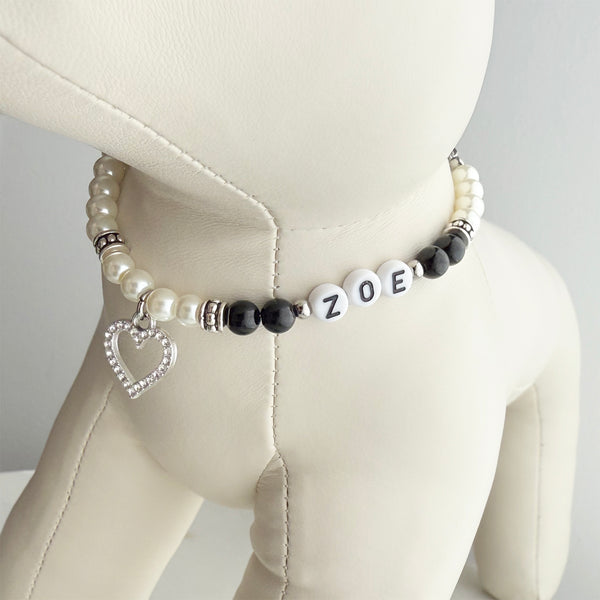 Custom Design 5A Pet Name Dog or Cat Necklace with Natural Gemstone, Glass Pearls, Personalized Collar Rhinestone and Gold Heart Charm Pendant Jewelry