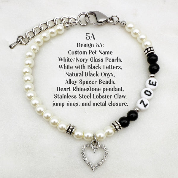 Custom Design 5A Pet Name Dog or Cat Necklace with Natural Gemstone, Glass Pearls, Personalized Collar Rhinestone and Gold Heart Charm Pendant Jewelry