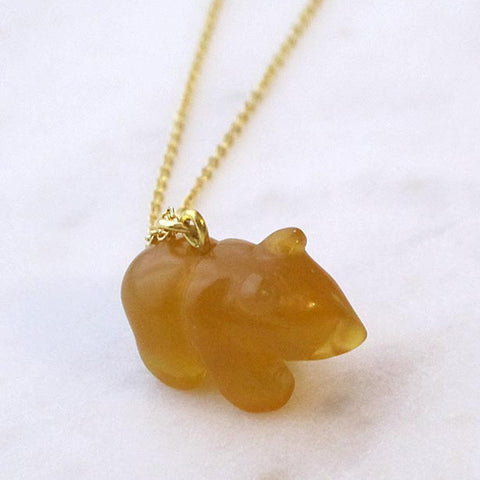 Brown Bear Gemstone animal carvings necklace Gold plated chain necklace Handmade Jewelry