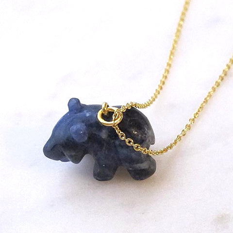 Dark Blue Bear Gemstone animal carvings necklace Gold plated chain necklace Handmade Jewelry