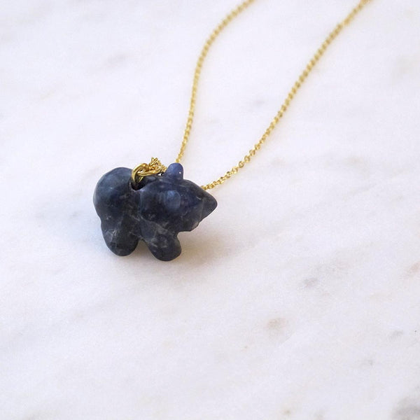 Dark Blue Bear Gemstone animal carvings necklace Gold plated chain necklace Handmade Jewelry