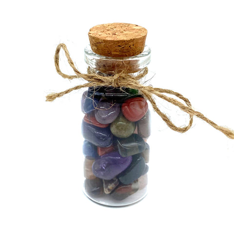 Mix of Small Natural Crystal Gemstones in a 2.5" Display Glass Bottle, Clear Quartz, Amethyst, Green Aventurine, Sodalite, Tiger's Eye, Red Jasper, Labradorite and More