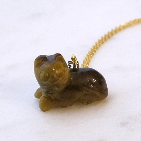 Brown Cat Gemstone animal carvings necklace Gold plated chain necklace Handmade Jewelry