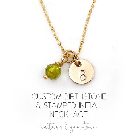 Custom Birthstone & Stamped Initial Disc Necklace in Gold, Rose Gold, or Silver with Real Gemstone, Personalized Jewelry January - December Birthday Gift