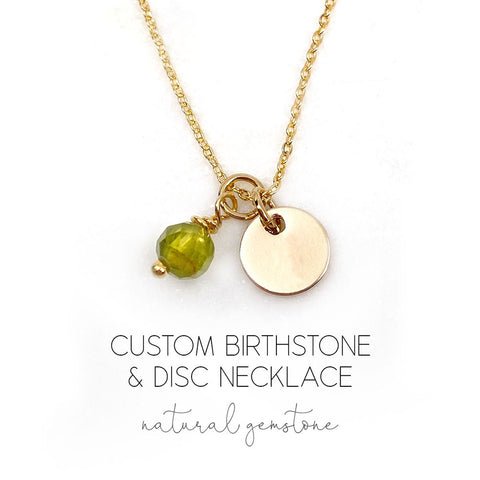 Custom Birthstone & Disc Necklace in Gold, Rose Gold, or Silver with Real Gemstone, Personalized Jewelry January - December Birthday Gift