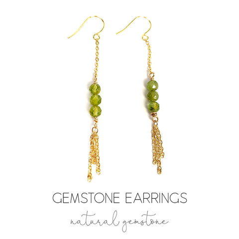 Peridot Genuine Natural Gemstone with Chain Fringe Earrings in colors of Gold Silver or Rose Gold Chain Boho Handmade Jewelry Birthstone