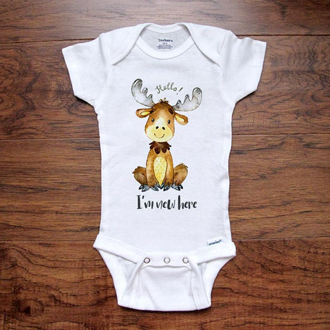 Hello I'm new here cute moose design baby onesie bodysuit Hello Handmade design baby birth pregnancy announcement