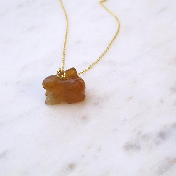 Brown Rabbit Gemstone animal carvings necklace Gold plated chain necklace Handmade Jewelry