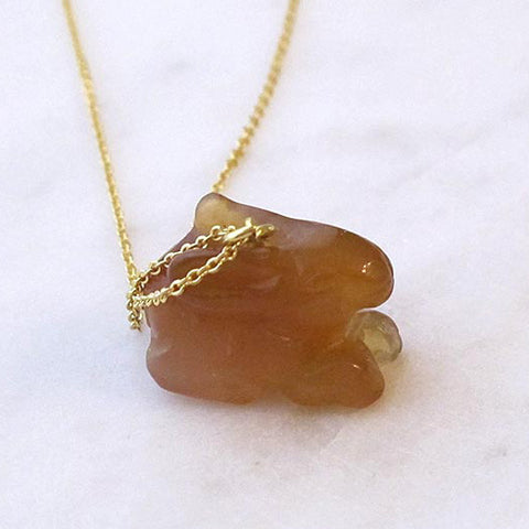 Brown Rabbit Gemstone animal carvings necklace Gold plated chain necklace Handmade Jewelry