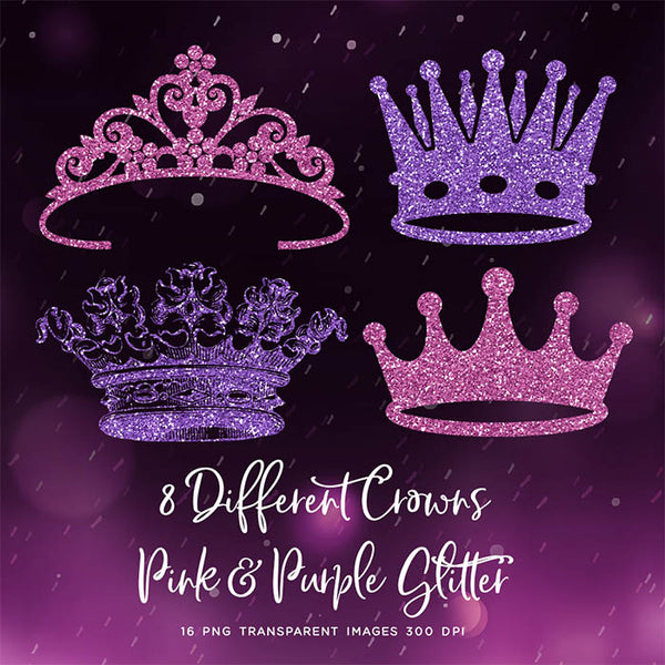 Crowns 8 Different Crowns Pink & Purple Glitter -  PNG Transparent Images - Instant Download Digital Clip art
