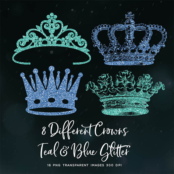 Crowns 8 Different Crowns Teal & Blue Glitter -  PNG Transparent Images - Instant Download Digital Clip art