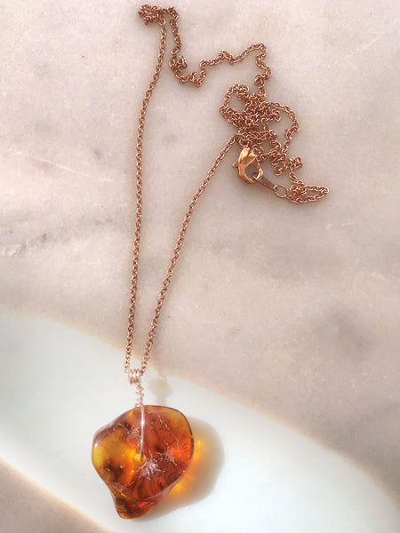 Genuine Natural Baltic Amber Necklace #05 - 16 Kt Rose Gold plated chain necklace Handmade Jewelry - Great gift