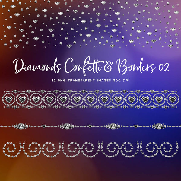 Diamonds Confetti & Borders 02 - Clip Art sparkly gemstone - 12 PNG Transparent Images High Resolution - Instant Download Digital Clipart