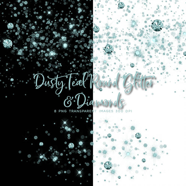 Dusty Teal Round Glitter Dust & Diamonds 01 - sparkly 8 PNG Transparent Overlays High Resolution - Instant Download Digital Clip art