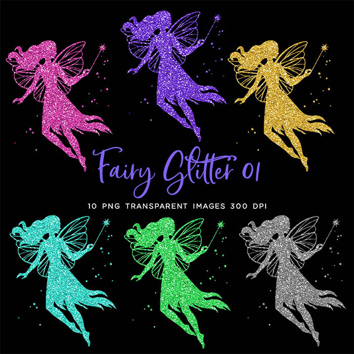 Glittery Fairy with Magic Wand Sparkly Glitter 01 - 10 Colors PNG Transparent Images High Resolution - Instant Download Digital Clipart