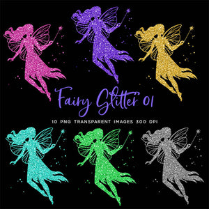 Glittery Fairy with Magic Wand Sparkly Glitter 01 - 10 Colors PNG Transparent Images High Resolution - Instant Download Digital Clipart