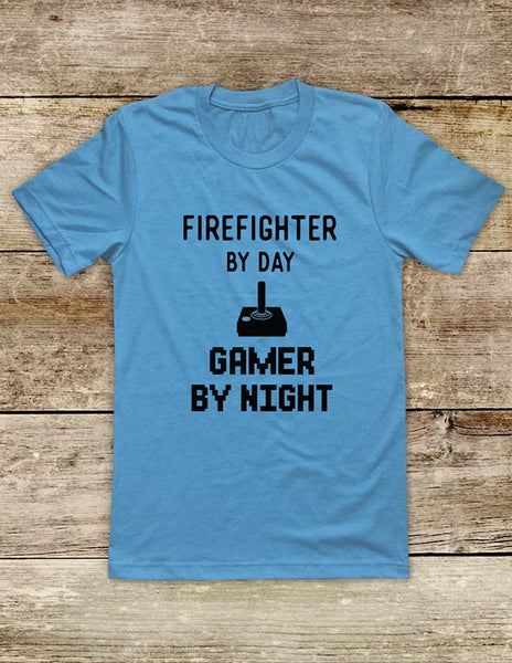 Firefighter By Day GAMER BY NIGHT - Video Game shirt Soft Unisex Men or Women Short Sleeve Jersey Tee Shirt