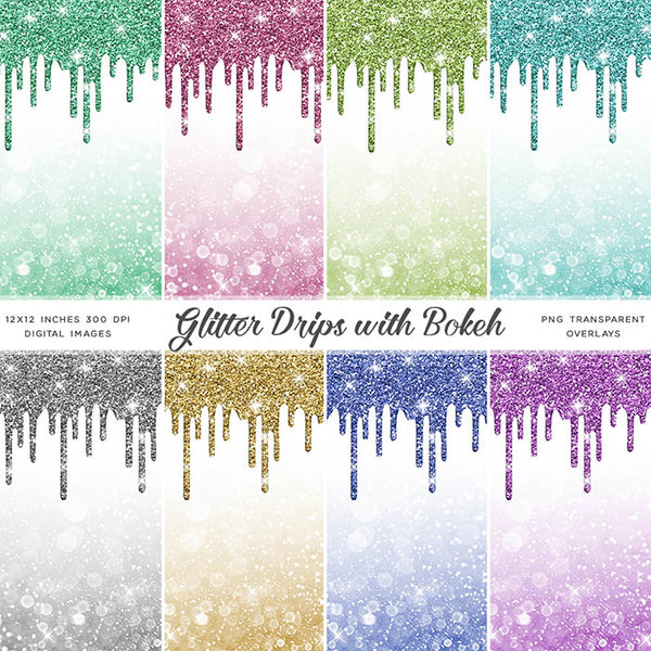 Glitter Drips With Bokeh Backgrounds - Backgrounds and Transparent Overlays - Instant Download Digital Clip art for Invitations Cards Party design Backdrop Scrapbooking Kids Crafts