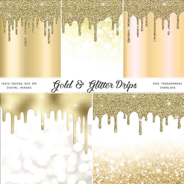 Gold And Glitter Drips - Backgrounds and Transparent Overlays - Instant Download Digital Clip art for Invitations Cards Party design Backdrop Scrapbooking Kids Crafts