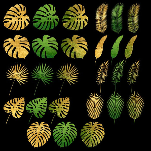 Gold And Green Tropical Leaves 01 - 27 Transparent Objects PNG Overlays - Instant Download Digital Clip art