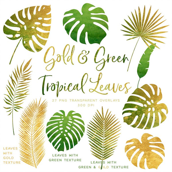 Gold And Green Tropical Leaves 01 - 27 Transparent Objects PNG Overlays - Instant Download Digital Clip art