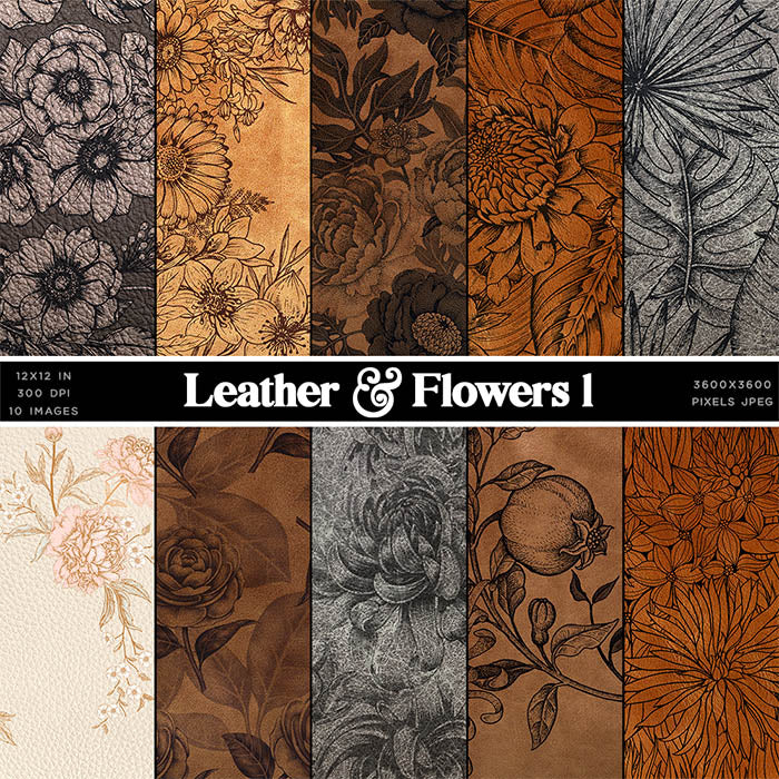 Leather & Flowers 1 Backgrounds Texture Digital Paper - 10 High Resolution Images - Instant Download Digital Clip art