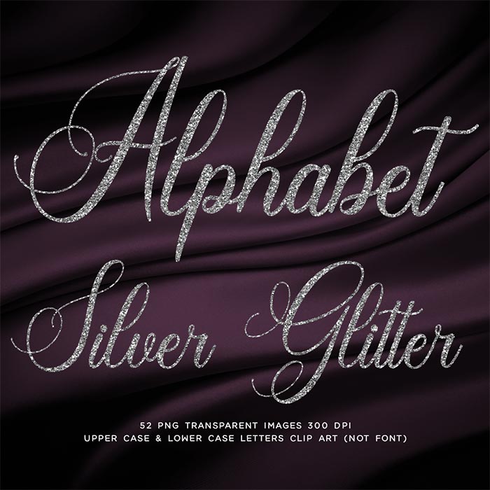 Letters Alphabet Script Silver Glitter 01 - These are Clip Art NOT Font - 26 PNG Transparent Images - Instant Download Digital Clip art