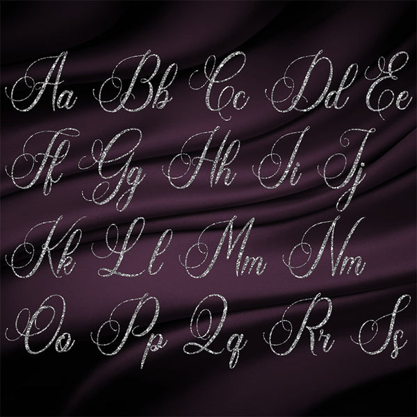 Letters Alphabet Script Silver Glitter 01 - These are Clip Art NOT Font - 26 PNG Transparent Images - Instant Download Digital Clip art