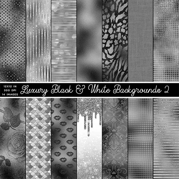 Luxury Black & White 02 Glitter Backgrounds - 14 High Resolution Images - Instant Download Digital Clip art