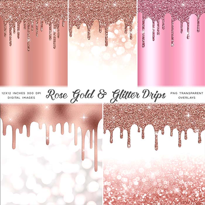 Rose Gold And Glitter Drips - Backgrounds and Transparent Overlays - Instant Download Digital Clip art for Invitations Cards Party design Backdrop Scrapbooking Kids Crafts