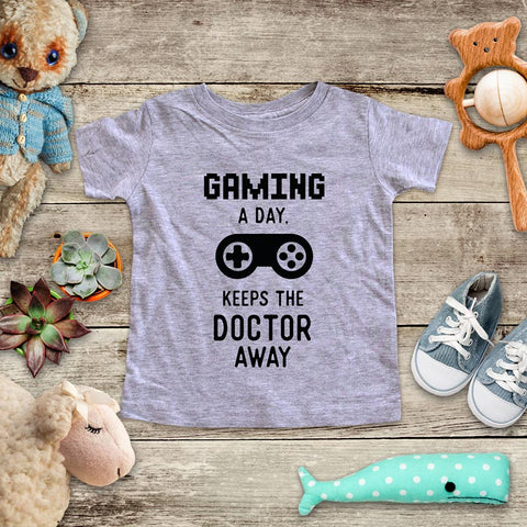 Gaming A Day, Keeps the Doctor Away playing Retro Video game design Baby Onesie Bodysuit, Toddler & Youth Soft Shirt