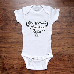 Our Greatest Adventure Begins 2026 Soon - baby onesie bodysuit birth pregnancy reveal announcement grandparents grandma grandpa or daddy
