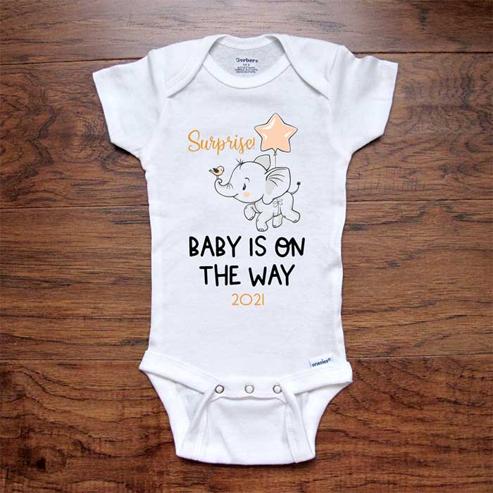 Surprise! Baby is on the Way 2024 Soon elephant bird balloon onesie bodysuit birth pregnancy reveal announcement grandparents or daddy